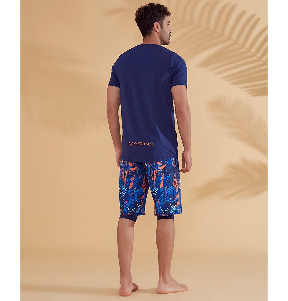 Modefa Swimsuit Men's Modest Swim Shorts - S2351 Geometric Blue & Orange