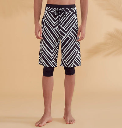Modefa Swimsuit Men's Modest Swim Shorts - S2357 Abstract White & Black