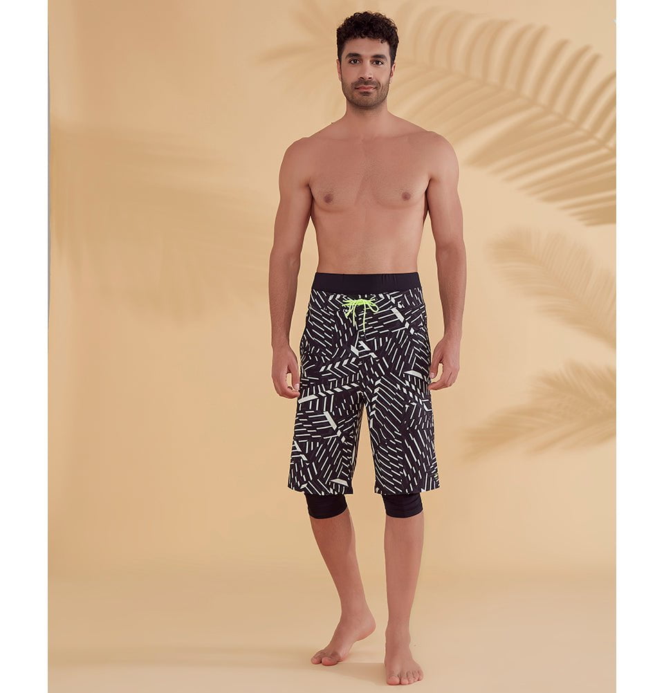 Modefa Swimsuit Men's Modest Swim Shorts - S2358 Abstract White