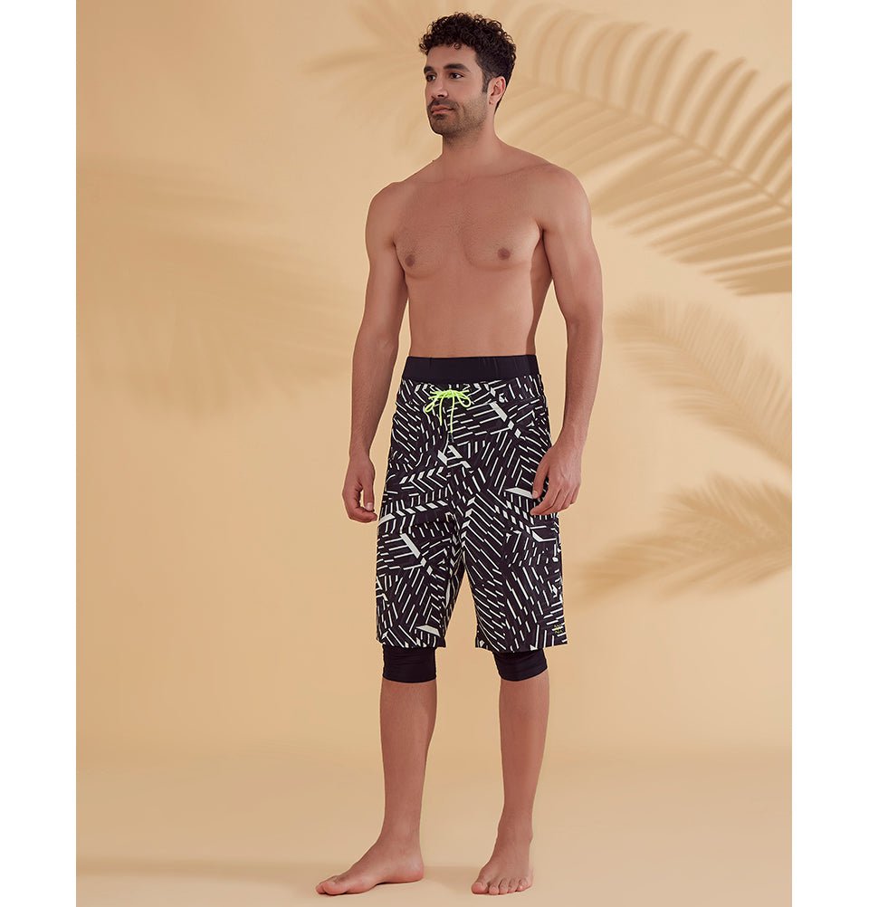 Modefa Swimsuit Men's Modest Swim Shorts - S2358 Abstract White