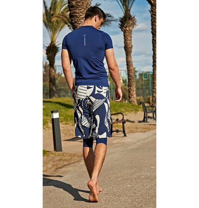 Modefa Swimsuit Men's Modest Swim Shorts - S2404 Tropic Edge Navy Blue