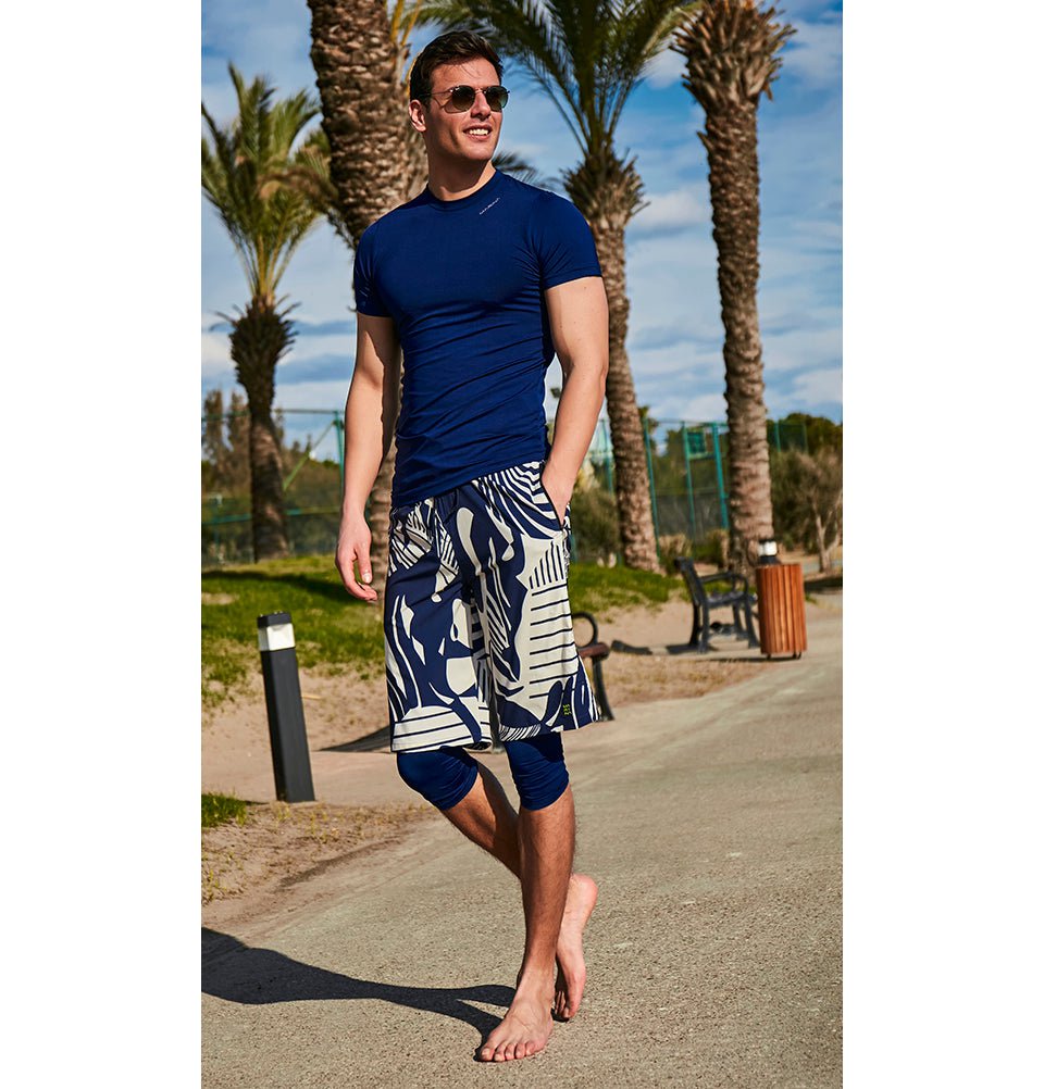 Modefa Swimsuit Men's Modest Swim Shorts - S2404 Tropic Edge Navy Blue