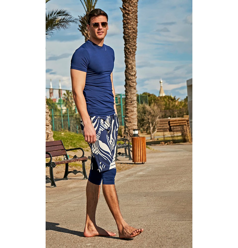Modefa Swimsuit Men's Modest Swim Shorts - S2404 Tropic Edge Navy Blue