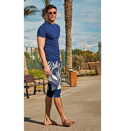 Modefa Swimsuit Men's Modest Swim Shorts - S2404 Tropic Edge Navy Blue