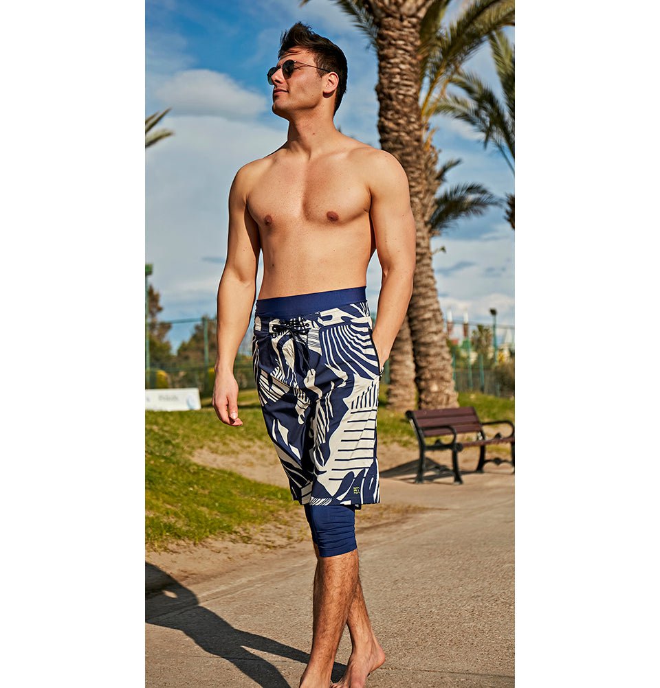 Modefa Swimsuit Men's Modest Swim Shorts - S2404 Tropic Edge Navy Blue