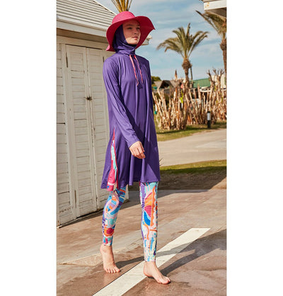 Modefa Swimsuit Two Piece Full Coverage Modest Swimsuit - M2496 Violet Wave Purple/Multicolored