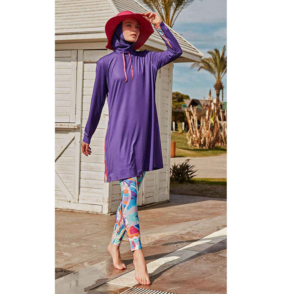 Modefa Swimsuit Two Piece Full Coverage Modest Swimsuit - M2496 Violet Wave Purple/Multicolored
