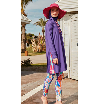 Modefa Swimsuit Two Piece Full Coverage Modest Swimsuit - M2496 Violet Wave Purple/Multicolored