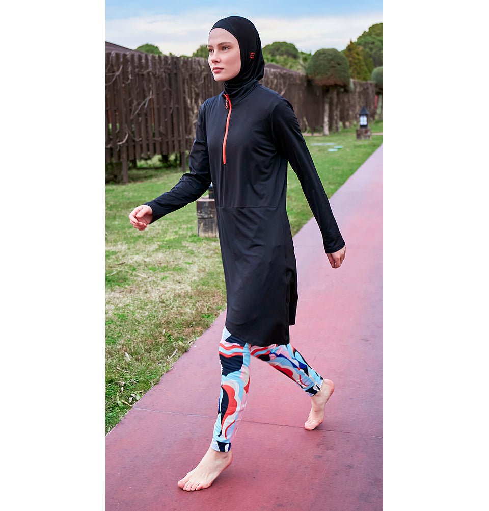 Modefa Swimsuit Women's Two Piece Full Coverage Modest Swimsuit - 25M2464 Black/Multicolor
