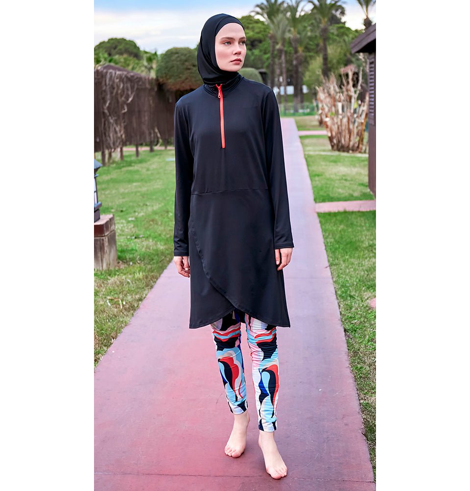 Modefa Swimsuit Women's Two Piece Full Coverage Modest Swimsuit - 25M2464 Black/Multicolor