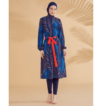 Modefa Swimsuit Women's Two Piece Full Coverage Modest Swimsuit - M2305 Leafy Blue & Red