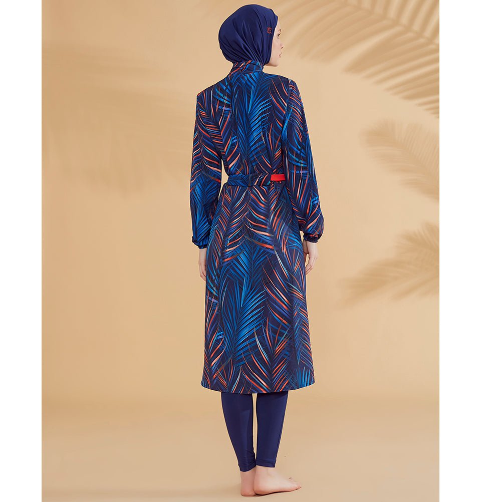 Modefa Swimsuit Women's Two Piece Full Coverage Modest Swimsuit - M2305 Leafy Blue & Red