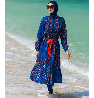 Modefa Swimsuit Women's Two Piece Full Coverage Modest Swimsuit - M2305 Leafy Blue & Red