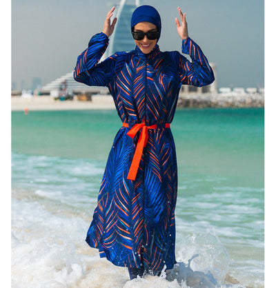 Modefa Swimsuit Women's Two Piece Full Coverage Modest Swimsuit - M2305 Leafy Blue & Red