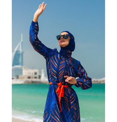 Modefa Swimsuit Women's Two Piece Full Coverage Modest Swimsuit - M2305 Leafy Blue & Red