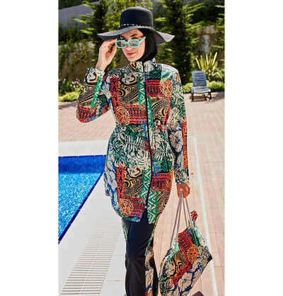 Modefa Swimsuit Women's Two Piece Full Coverage Modest Swimsuit - MR2301 Black/Multicolor
