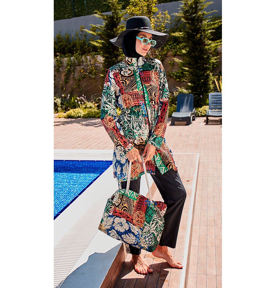 Modefa Swimsuit Women's Two Piece Full Coverage Modest Swimsuit - MR2301 Black/Multicolor