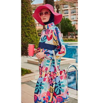 Modefa Swimsuit Women's Two Piece Full Coverage Modest Swimsuit - MR2407 Tropical Pink