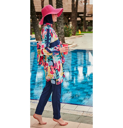 Modefa Swimsuit Women's Two Piece Full Coverage Modest Swimsuit - MR2407 Tropical Pink