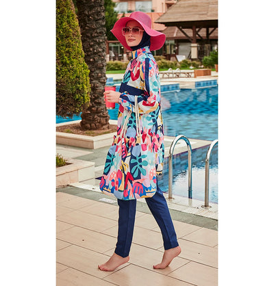 Modefa Swimsuit Women's Two Piece Full Coverage Modest Swimsuit - MR2407 Tropical Pink