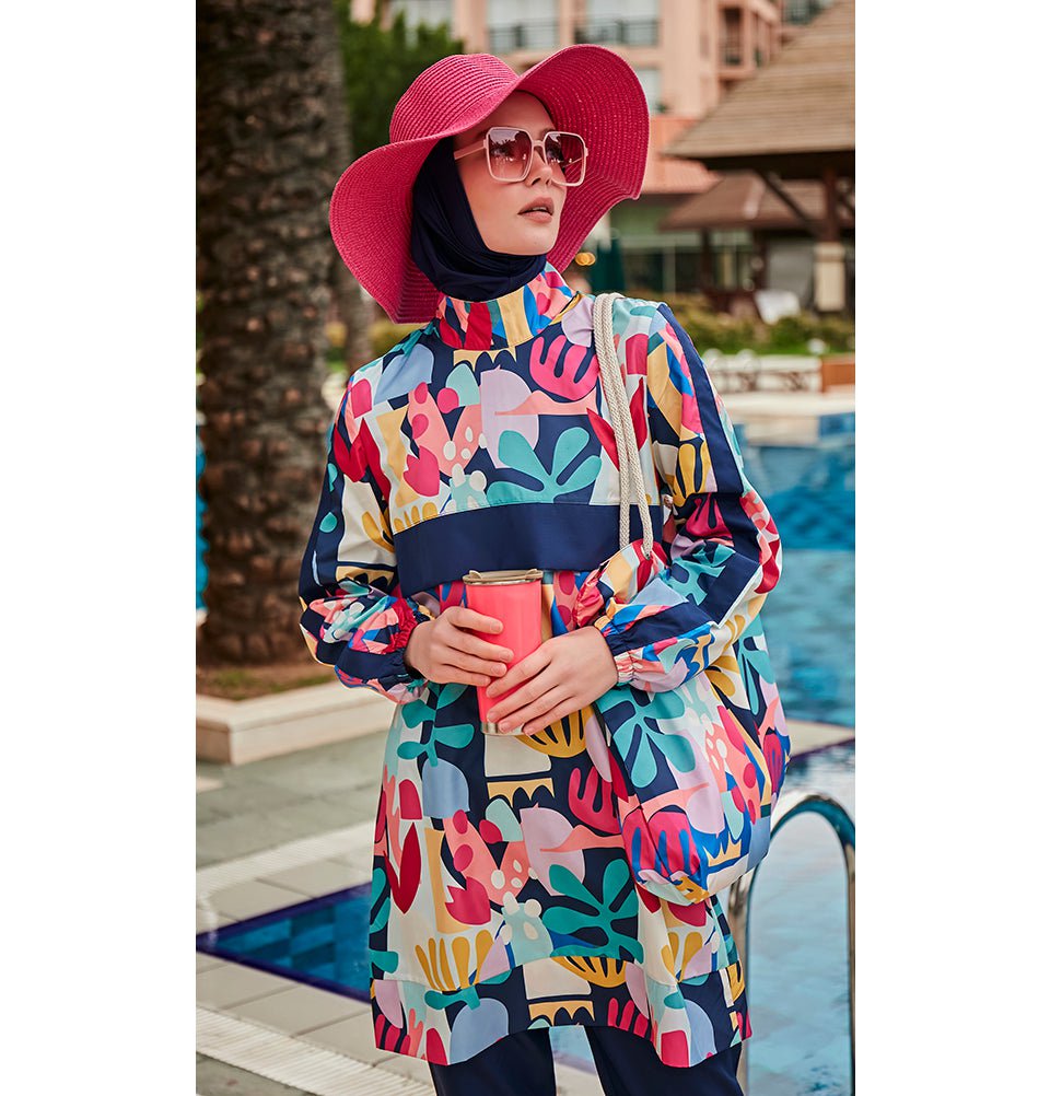 Modefa Swimsuit Women's Two Piece Full Coverage Modest Swimsuit - MR2407 Tropical Pink