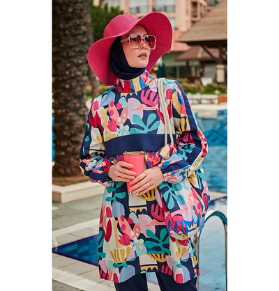 Modefa Swimsuit Women's Two Piece Full Coverage Modest Swimsuit - MR2407 Tropical Pink