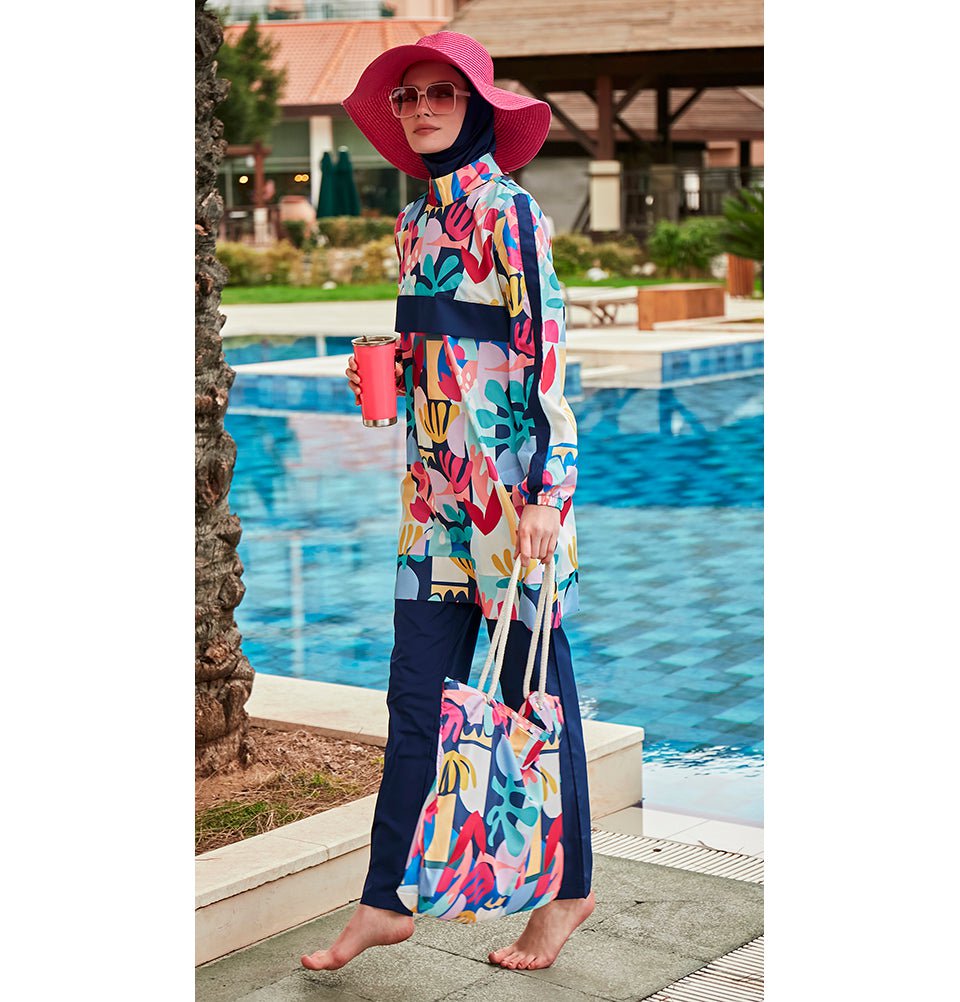 Modefa Swimsuit Women's Two Piece Full Coverage Modest Swimsuit - MR2407 Tropical Pink