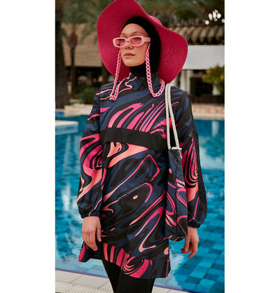 Modefa Swimsuit Women's Two Piece Full Coverage Modest Swimsuit - MR2415 Wavy Pink/Black