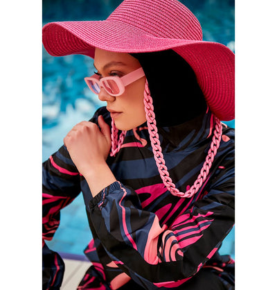 Modefa Swimsuit Women's Two Piece Full Coverage Modest Swimsuit - MR2415 Wavy Pink/Black