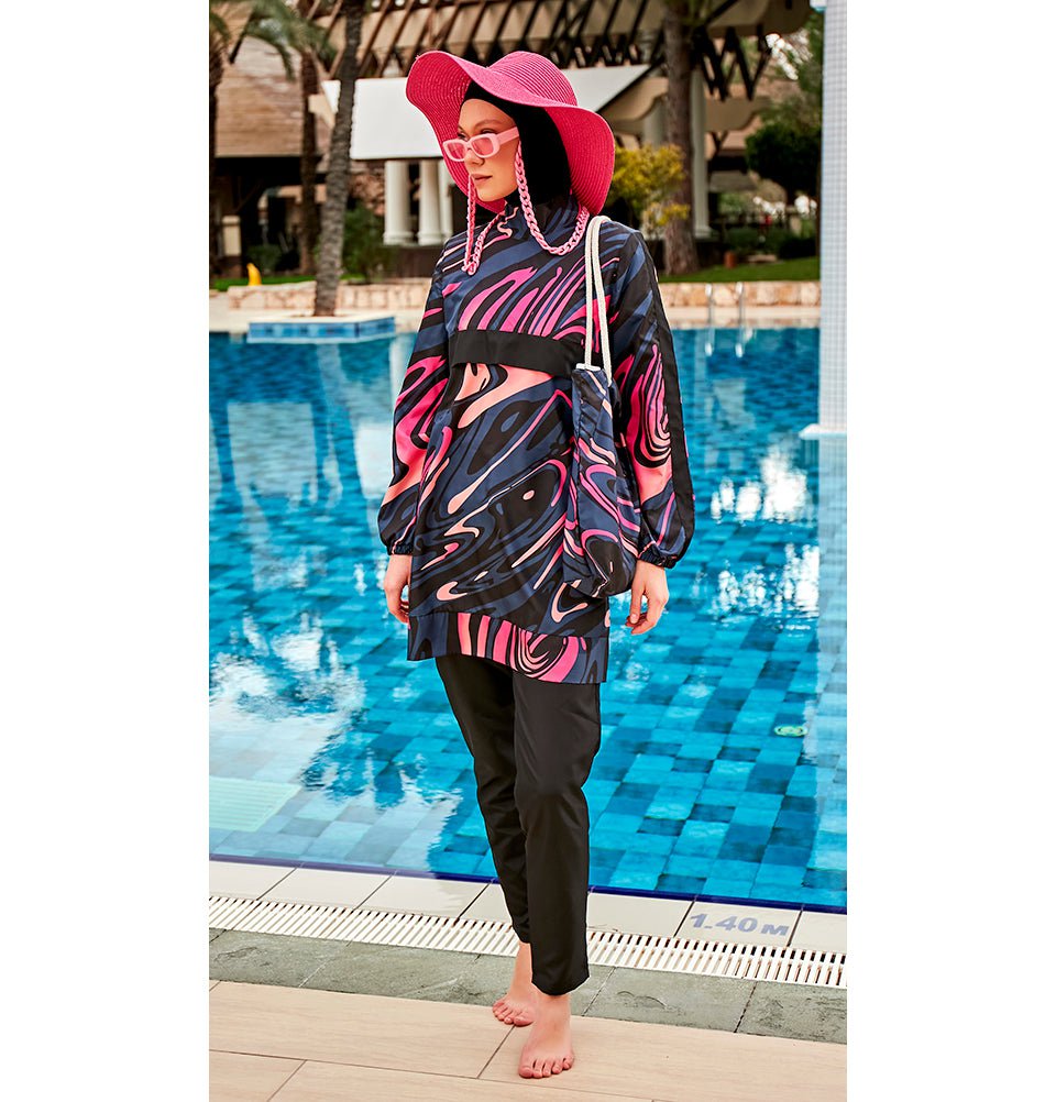 Modefa Swimsuit Women's Two Piece Full Coverage Modest Swimsuit - MR2415 Wavy Pink/Black