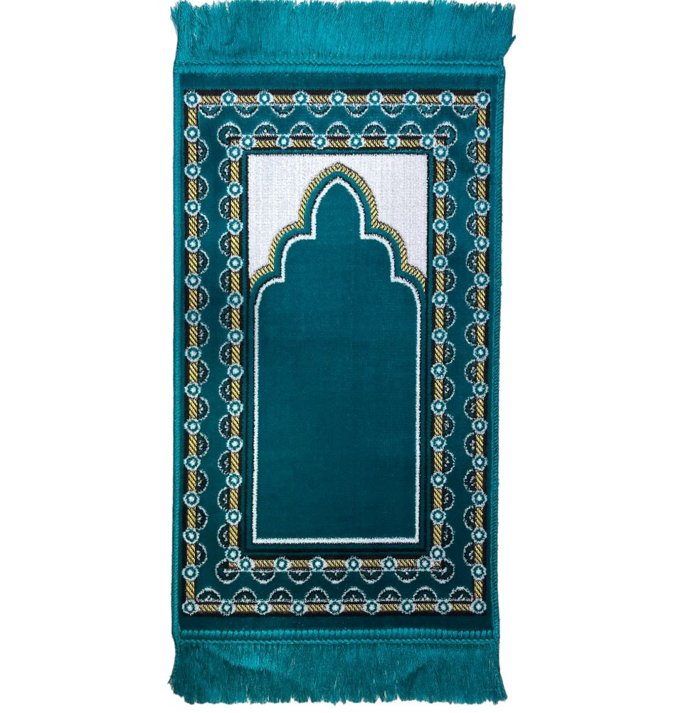 Modefa Teal Child Velvet Islamic Prayer Rug - Dotted Border Teal