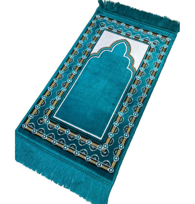 Modefa Teal Child Velvet Islamic Prayer Rug - Dotted Border Teal