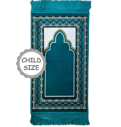 Modefa Teal Child Velvet Islamic Prayer Rug - Dotted Border Teal