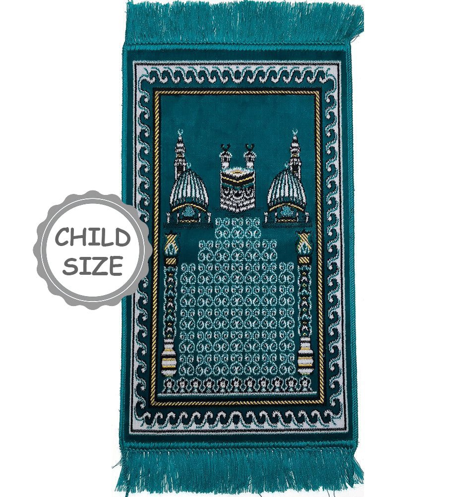 Modefa Teal Child Velvet Islamic Prayer Rug - Kaba & Mosque - Teal