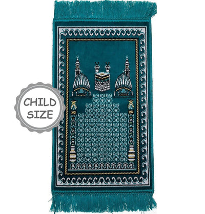 Modefa Teal Child Velvet Islamic Prayer Rug - Kaba & Mosque - Teal