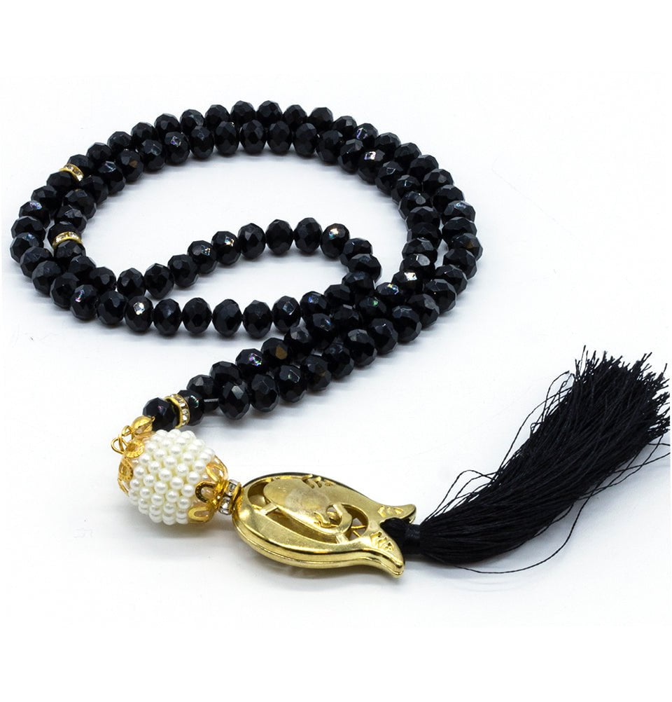Modefa Tesbih Black Islamic Tesbih Acrylic Crystal Cut Prayer Beads with Tulip Tassel 99 Count - Black