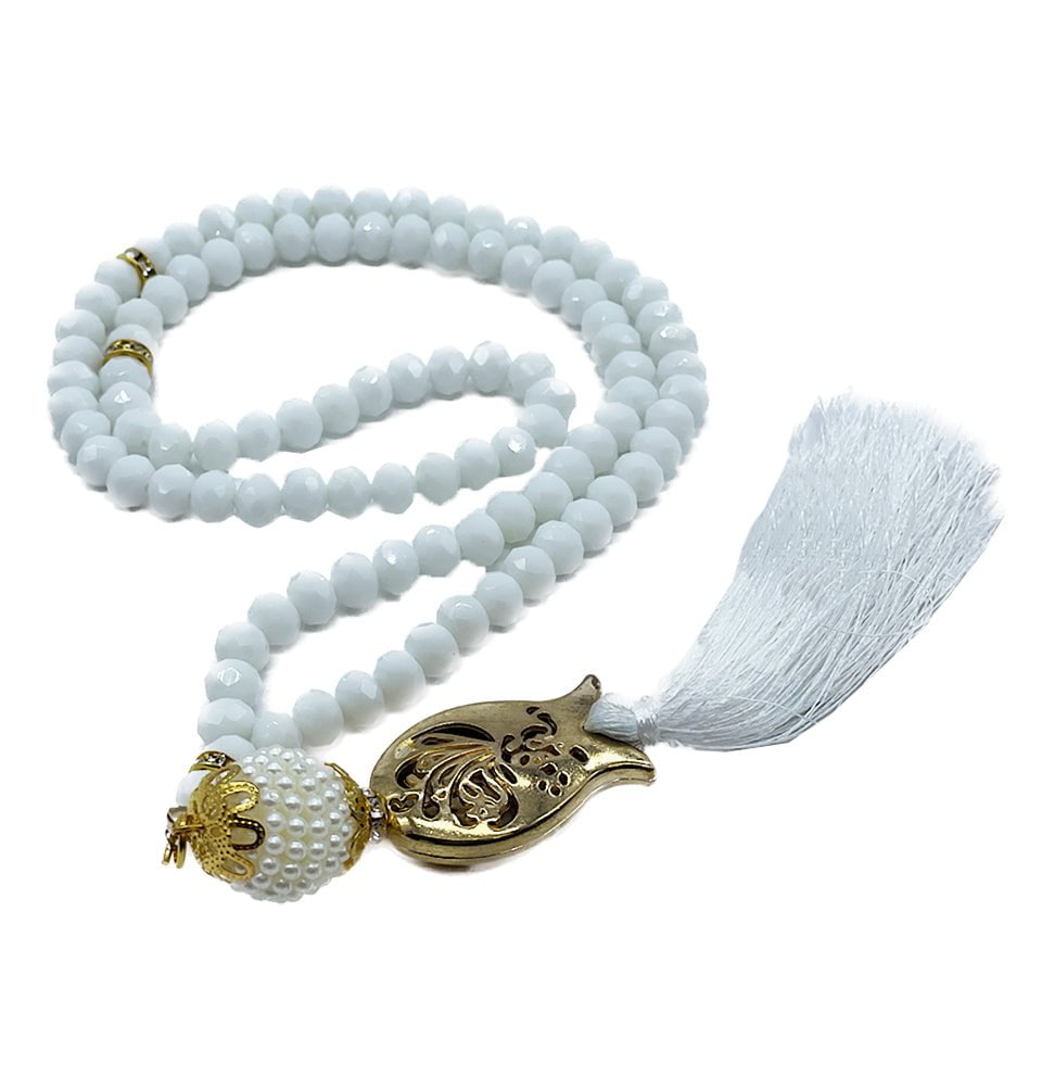 Modefa Tesbih White Islamic Tesbih Acrylic Crystal Cut Prayer Beads with Tulip Tassel 99 Count - White