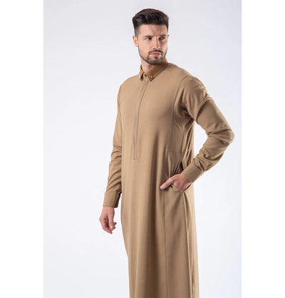 Modefa Thobe Men's Casual Full Length Islamic Thobe AAR2425 Embroidered Striped - Camel Brown