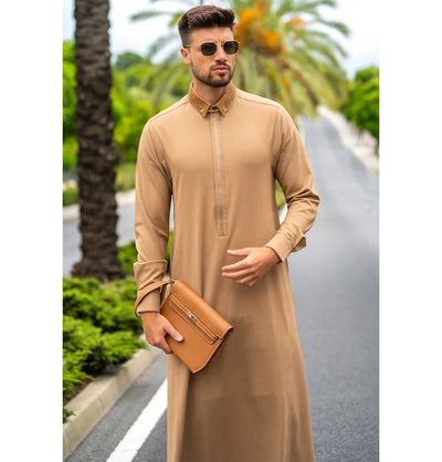 Modefa Thobe Men's Casual Full Length Islamic Thobe AAR2425 Embroidered Striped - Camel Brown