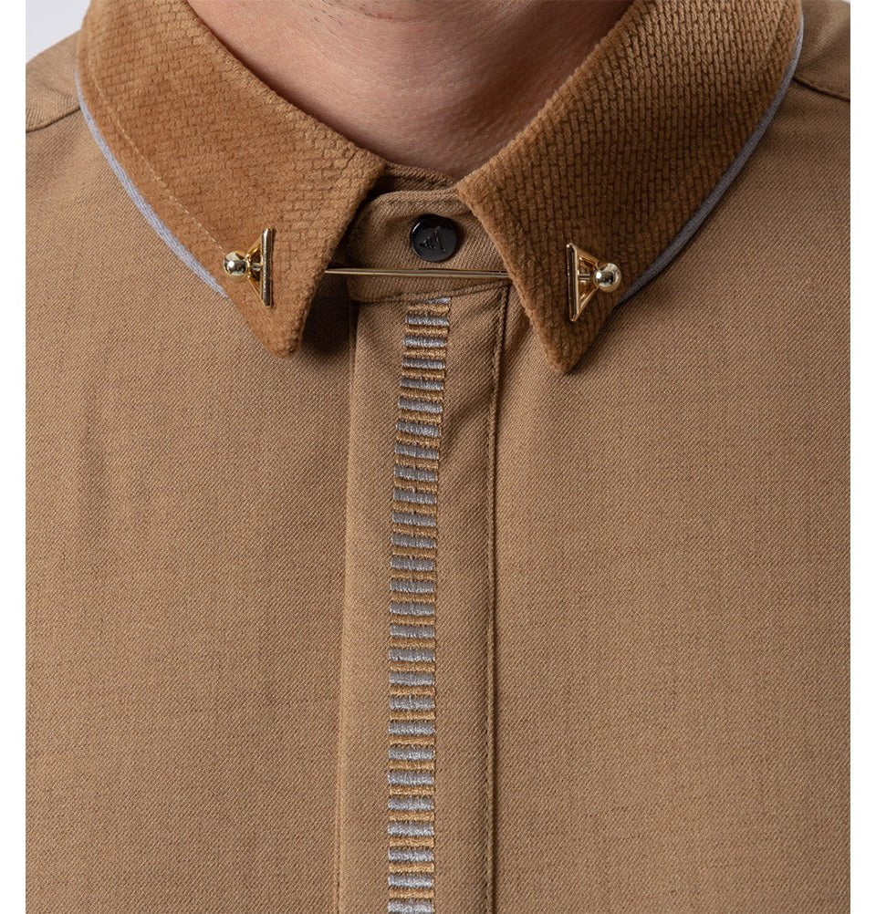 Modefa Thobe Men's Casual Full Length Islamic Thobe AAR2425 Embroidered Striped - Camel Brown