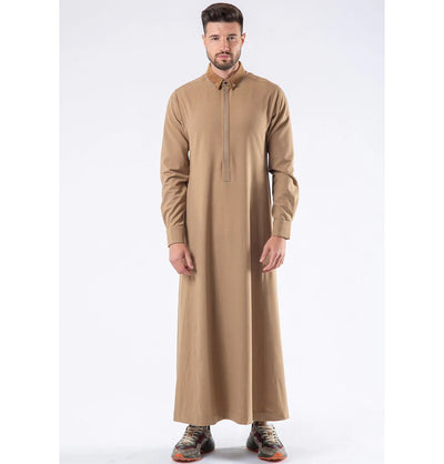 Modefa Thobe Men's Casual Full Length Islamic Thobe AAR2425 Embroidered Striped - Camel Brown