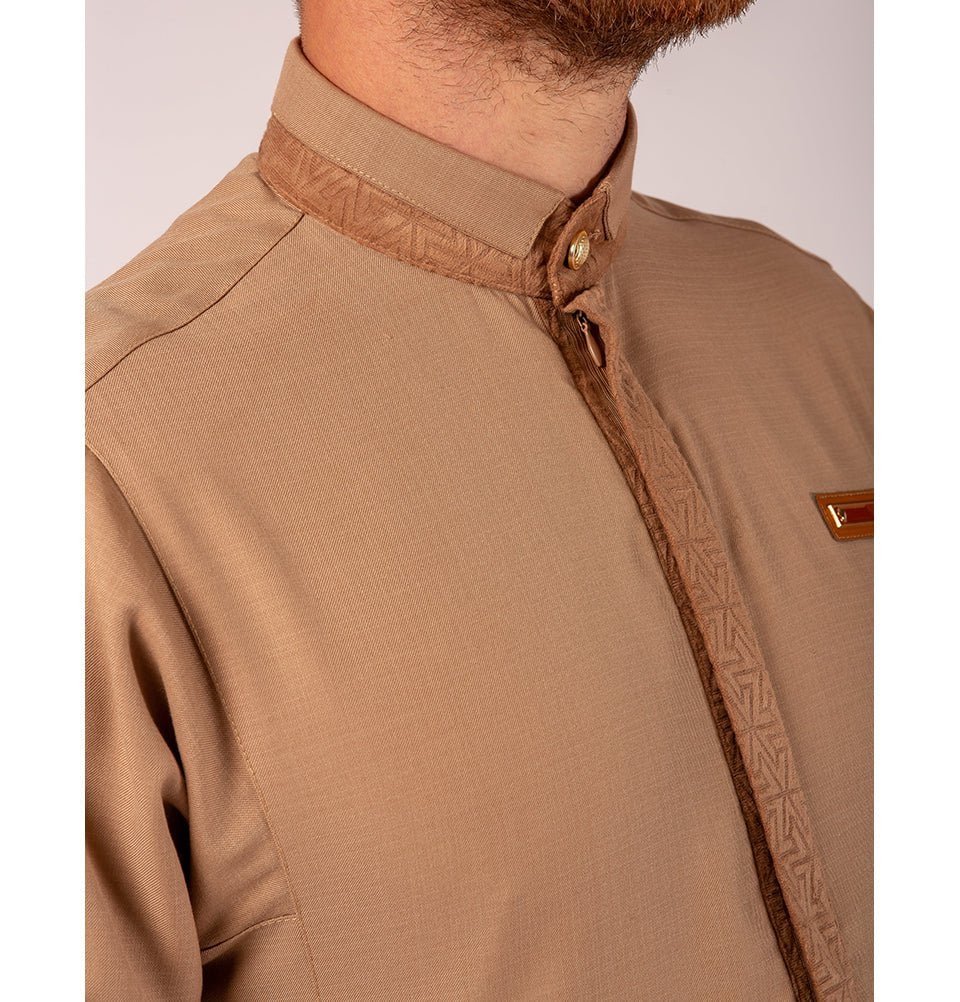Modefa Thobe Men's Casual Full Length Islamic Thobe AAR25318 Printed Velour Caramel Brown