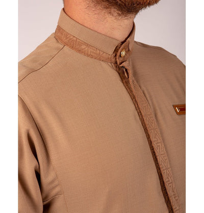 Modefa Thobe Men's Casual Full Length Islamic Thobe AAR25318 Printed Velour Caramel Brown