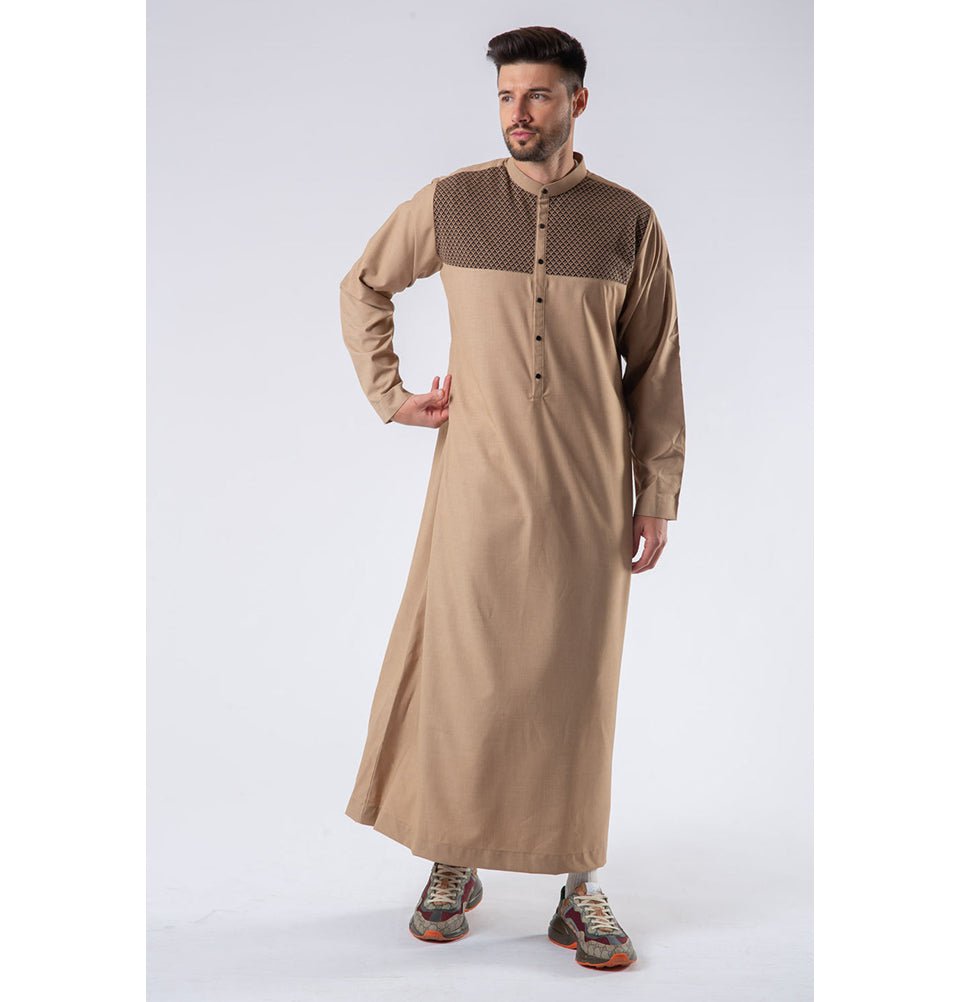 Modefa Thobe Men's Casual Full Length Islamic Thobe LW172-2 Black & Brown Diamonds - Camel Brown
