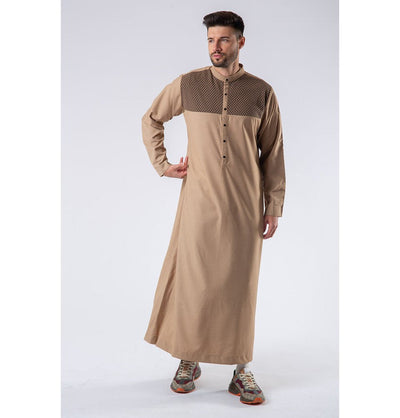 Modefa Thobe Men's Casual Full Length Islamic Thobe LW172-2 Black & Brown Diamonds - Camel Brown