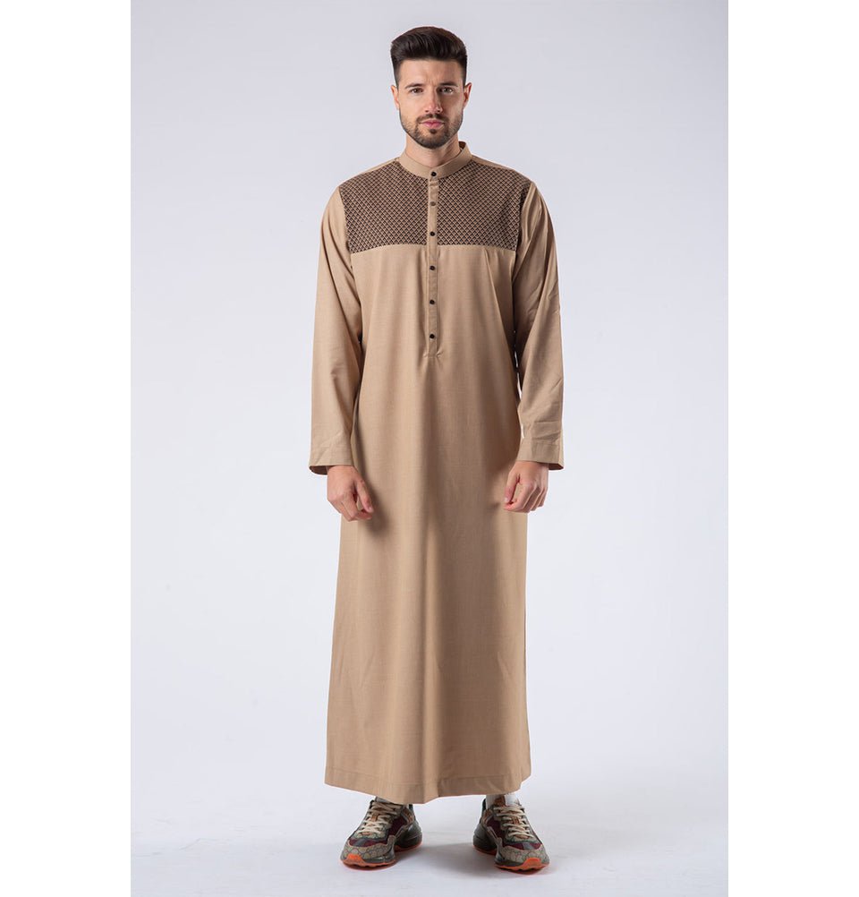 Modefa Thobe Men's Casual Full Length Islamic Thobe LW172-2 Black & Brown Diamonds - Camel Brown