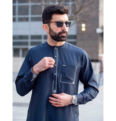 Modefa Thobe Men's Full Length Islamic Thobe 105 - Navy Oriental Motif