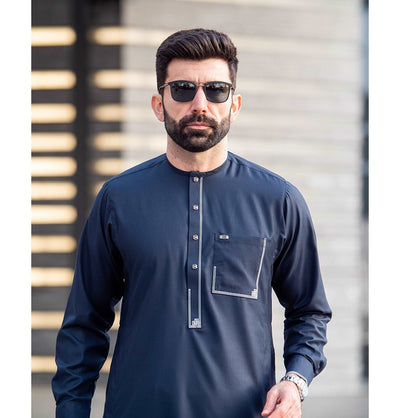 Modefa Thobe Men's Full Length Islamic Thobe 105 - Navy Oriental Motif