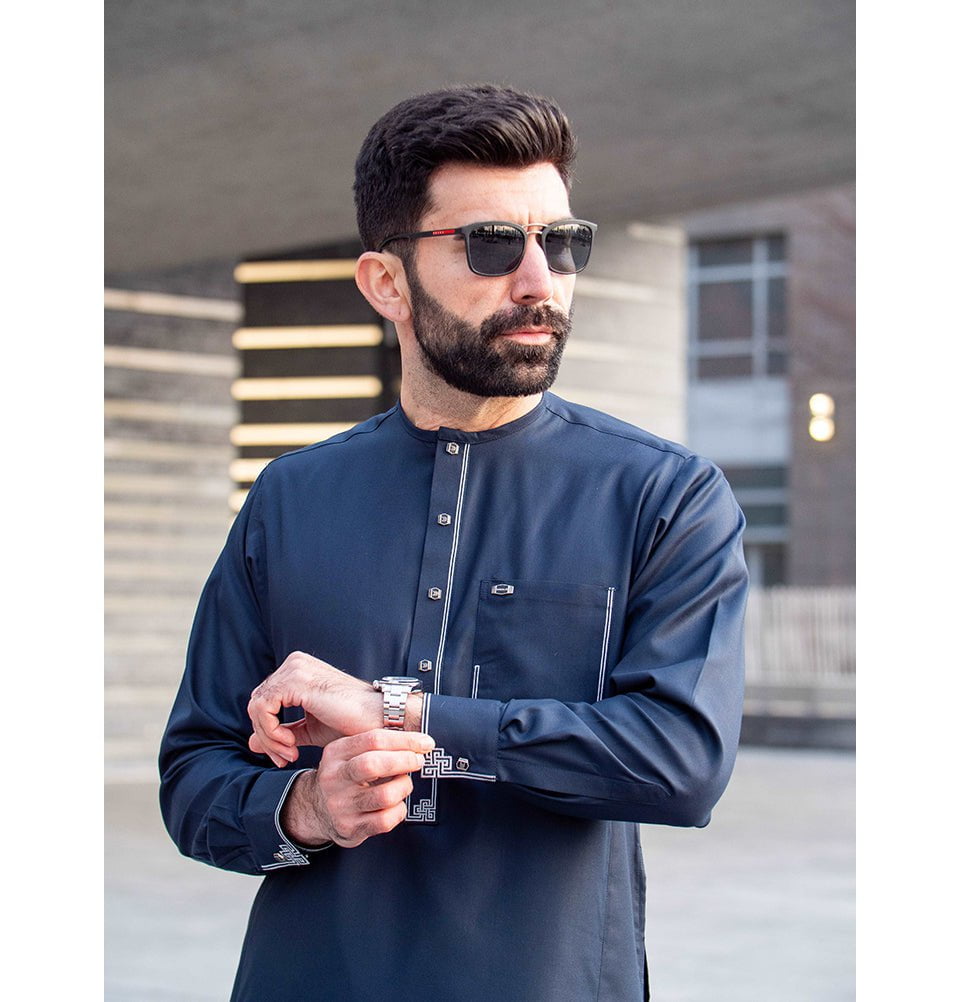 Thobe Rafah Men's Full Length Islamic Thobe 105 - Navy Oriental Motif