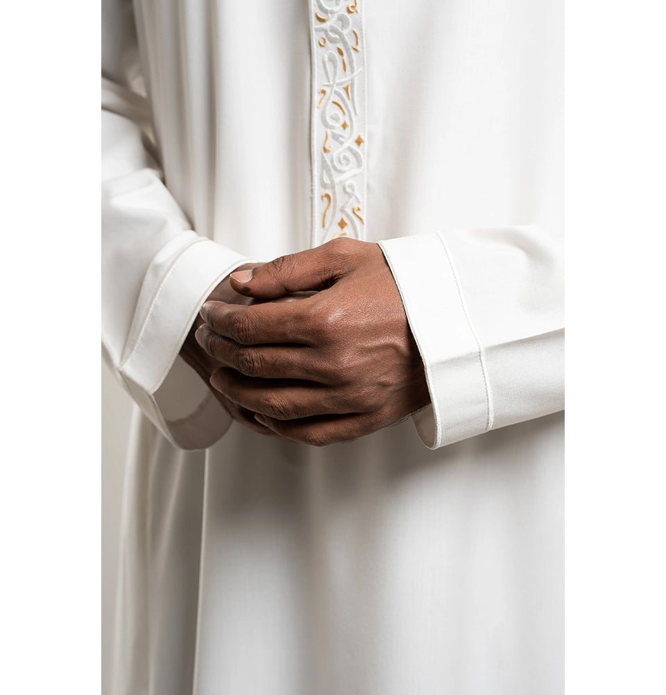 Men's Full Length Islamic Thobe 213 - Arabian Script Cream